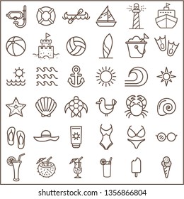 Set of Ocean and Beach Vector Icons. Contains such Icons as beach ball, seaside, ocean, swimsuit, bikini, lighthouse, swimming goggles, turtle And Other Elements.