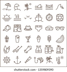 Set of Ocean and Beach Vector Icons. Contains such Icons as seaside, ocean, swimsuit, ice cream, wave, palm tree, parasol, life jacket And Other Elements.
