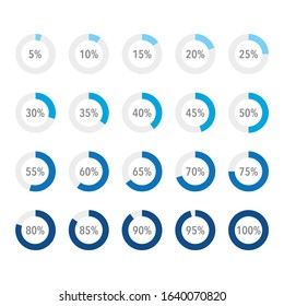 Set of ocean blue infographic percentage piecharts, segment of circle icons 10% - 100%, simple flat design loading data interface elements app button ui ux web, vector isolated on white background