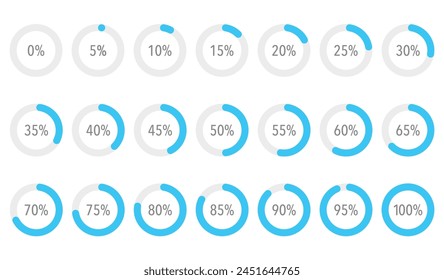 Conjunto de gráficos de piezas de porcentaje de infografía azul oceánico, segmento de iconos circulares 10% - 100%, diseño plano simple carga de datos interfaz Elementos App Botón ui ux Web, Vector aislado sobre fondo blanco