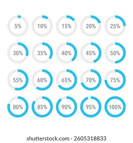 Set of ocean blue infographic pie charts, segment of circle icons 0% - 100%, simple flat design loading data interface elements app button ui ux web, vector isolated on white background