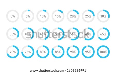 Set of ocean blue infographic pie charts, segment of circle icons 0% - 100%, simple flat design loading data interface elements app button ui ux web, vector isolated on white background