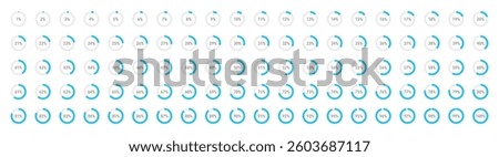 Set of ocean blue infographic pie charts, segment of circle icons 0% - 100%, simple flat design loading data interface elements app button ui ux web, vector isolated on white background