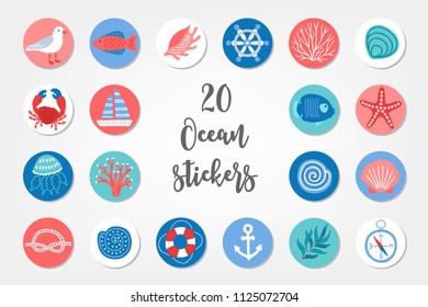 Set of ocean circle stickers with seagull, fish, shell, starfish, fish, compass, seaweed, anchor, lifebuoy, knot, coral, jellyfish, crab, sailing boat