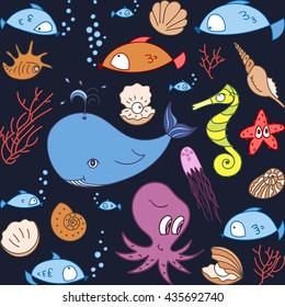 Set of an ocean creatures, cute vector illustration with fishes, whale, octopus, horsefish, jelly-fish, starfish, sea shells and corals