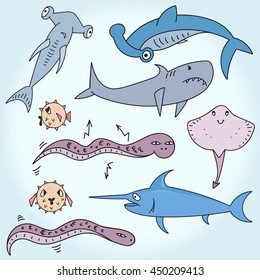 Set of an ocean creatures, cute vector illustration with the sharks, swordfish, electric eel, baloonfish, devil-fish, hammer fish