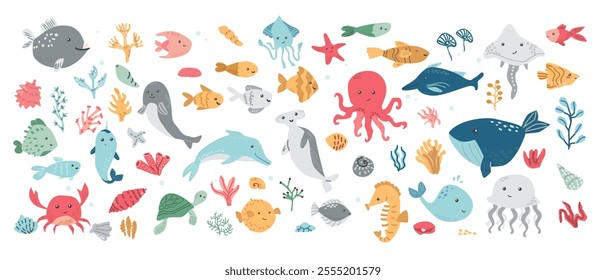 Set of ocean creatures illustration with whales, dolphins, and octopus.