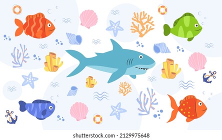 Set of ocean creatures. Stickers with fish, shark, starfish, shells, anchor and corals. Design elements for printing on fabric or paper. Cartoon flat vector collection isolated on white background