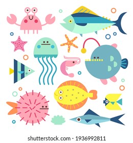 Set with ocean creatures. Vector isolated illustrations on a white background