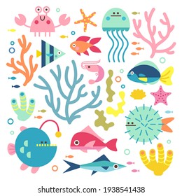 Set With Ocean Creatures. Vector Isolated Illustrations On A White Background