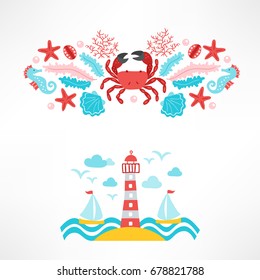 Set of ocean designs with crab, sea horse, seaweed, starfish, shell, sailing boat, seagull, and lighthouse on white background. Perfect for holiday invitations and greeting cards