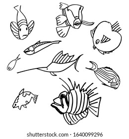 set of ocean fish drawn by hand. Coloring, contour drawing, Doodle illustration. Vector