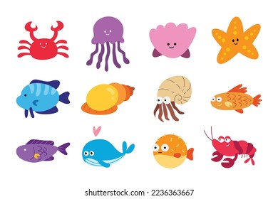 Set of ocean fish in fun and cute character design. Animal illustration for kids