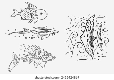  Set of ocean fish outline vector clipart