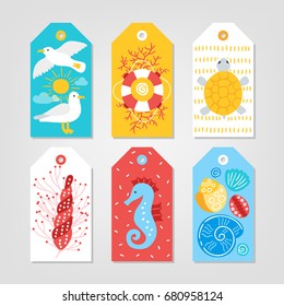 Set of ocean Gift Tags with seagull, sun, cloud, turtle, lifebuoy, coral, shell, sea horse in White, Red, Yellow and Blue. Perfect for holiday greetings