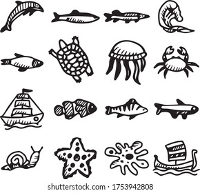 A Set of ocean icons for nature, business, party, people, holiday, objects, food, drink, travel, tourism, office, industrial, romance, education, family, marketing, internet content with doodle style