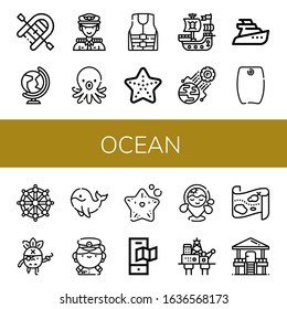 Set of ocean icons. Such as Inflatable boat, World, Captain, Octopus, Life jacket, Starfish, Pirate ship, Yatch, Bodyboard, Helm, Pirate, Whale, Map, Beach, Oil rig , ocean icons