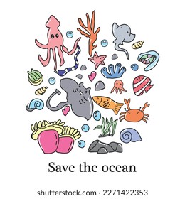 Set of ocean life doodles isolated on white background