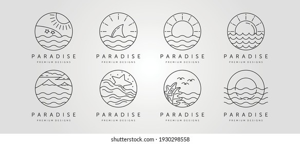 set of ocean line art logo vector minimalist design, ocean landscape icon symbol vector illustration design