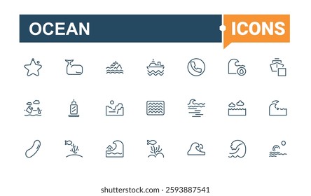 Set of Ocean line icons. Contains related to life, marine, tourism, nautical, wave and more. Simple icon designs. Minimalist editable vector stroke.