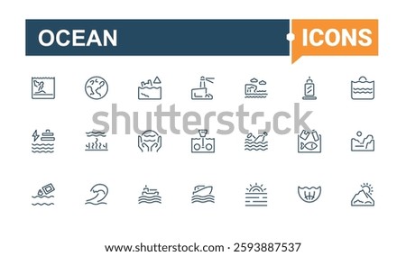 Set of Ocean line icons. Contains related to life, marine, tourism, nautical, wave and more. Simple icon designs. Minimalist editable vector stroke.
