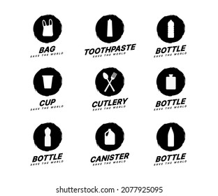 Set of Ocean litter icons, Word trash symbols vetor illustration. Pollution and Sustainability concept. Zero waste, Recycle, Reuse and Reduce