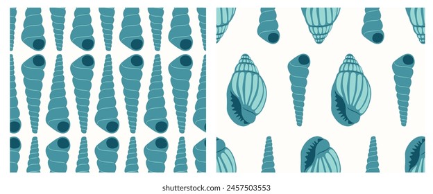 Set of ocean marine exotic minimalistic seamless pattern of sea shells for wallpaper, gift wrapping paper, notebook cover. Vector illustration EPS10