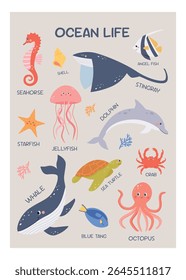 Set of Ocean Marine Life.Fish and Wild Sea Animals on light background. Underwater Life Poster for Kid's Education and Kid's Room.Vector illustration