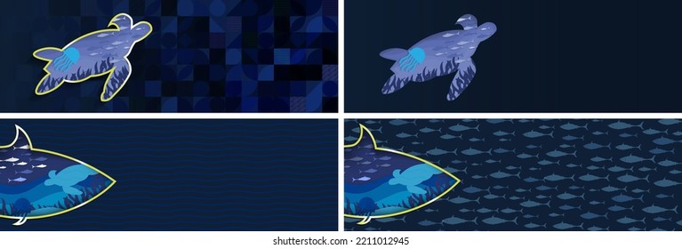 Set of Ocean and Marine wildlife concept banner templates, paper art sea animals, turtles, fish, jelly fish, and seaweeds, on blue patterned backgrounds. Editable Vector Illustration.