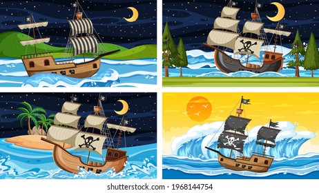 Set of Ocean with Pirate ship at different times scenes  in cartoon style illustration