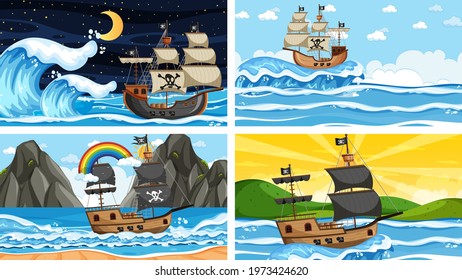 Set of Ocean with Pirate ship at different times scenes  in cartoon style illustration