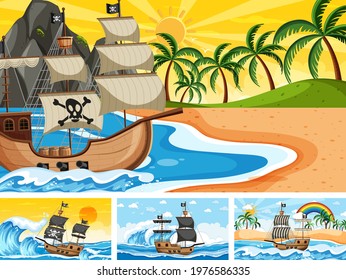 Set of Ocean with Pirate ship at different times scenes  in cartoon style illustration