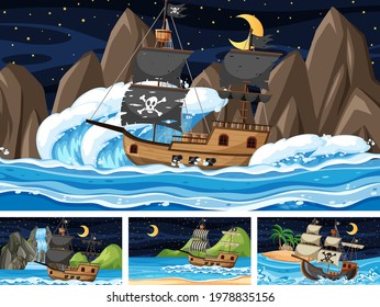 Set of Ocean with Pirate ship at different times scenes  in cartoon style illustration