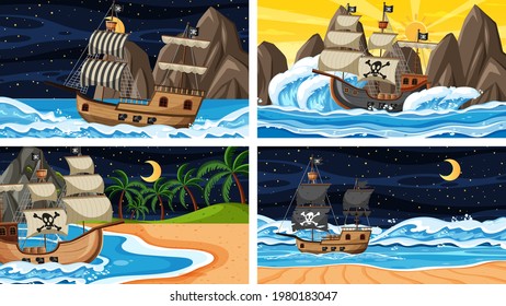 Set of Ocean with Pirate ship at different times scenes  in cartoon style illustration