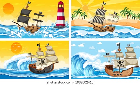 Set of Ocean with Pirate ship at different times scenes  in cartoon style illustration