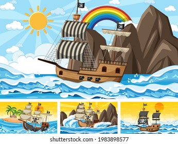 Set of Ocean with Pirate ship at different times scenes  in cartoon style illustration