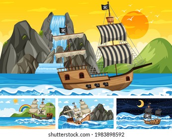 Set of Ocean with Pirate ship at different times scenes  in cartoon style illustration