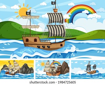 Set of Ocean with Pirate ship at different times scenes  in cartoon style illustration