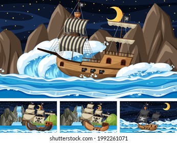Set of Ocean with Pirate ship at different times scenes  in cartoon style illustration
