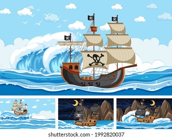 Set of Ocean with Pirate ship at different times scenes  in cartoon style illustration