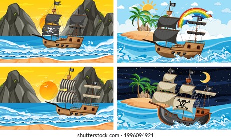 Ozean mit Piratenschiff zu verschiedenen Zeiten Szenen in Cartoon-Art Illustration