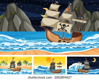 Conjunto de Océano con barco pirata en diferentes momentos escenas en ilustraciones de estilo de dibujos animados