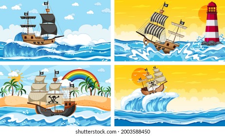 Set of Ocean with Pirate ship at different times scenes  in cartoon style illustration