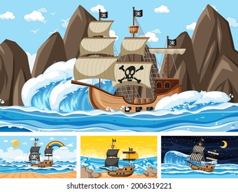 Set of Ocean with Pirate ship at different times scenes  in cartoon style illustration