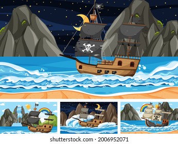 Set of Ocean with Pirate ship at different times scenes  in cartoon style illustration