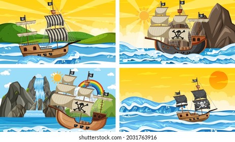 Set of Ocean with Pirate ship at different times scenes  in cartoon style illustration