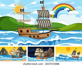 Set of Ocean with Pirate ship at different times scenes  in cartoon style illustration