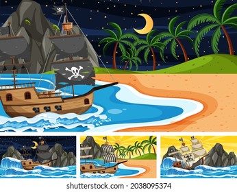 Set of Ocean with Pirate ship at different times scenes  in cartoon style illustration