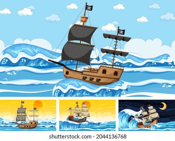 Ozean mit Piratenschiff zu verschiedenen Zeiten Szenen in Cartoon-Art Illustration