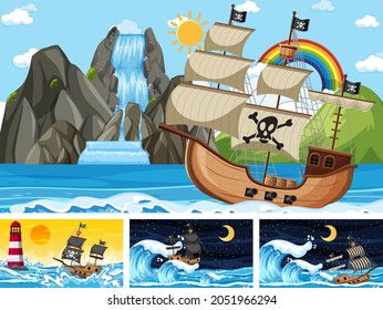 Conjunto de Océano con barco pirata en diferentes momentos escenas en ilustraciones de estilo de dibujos animados